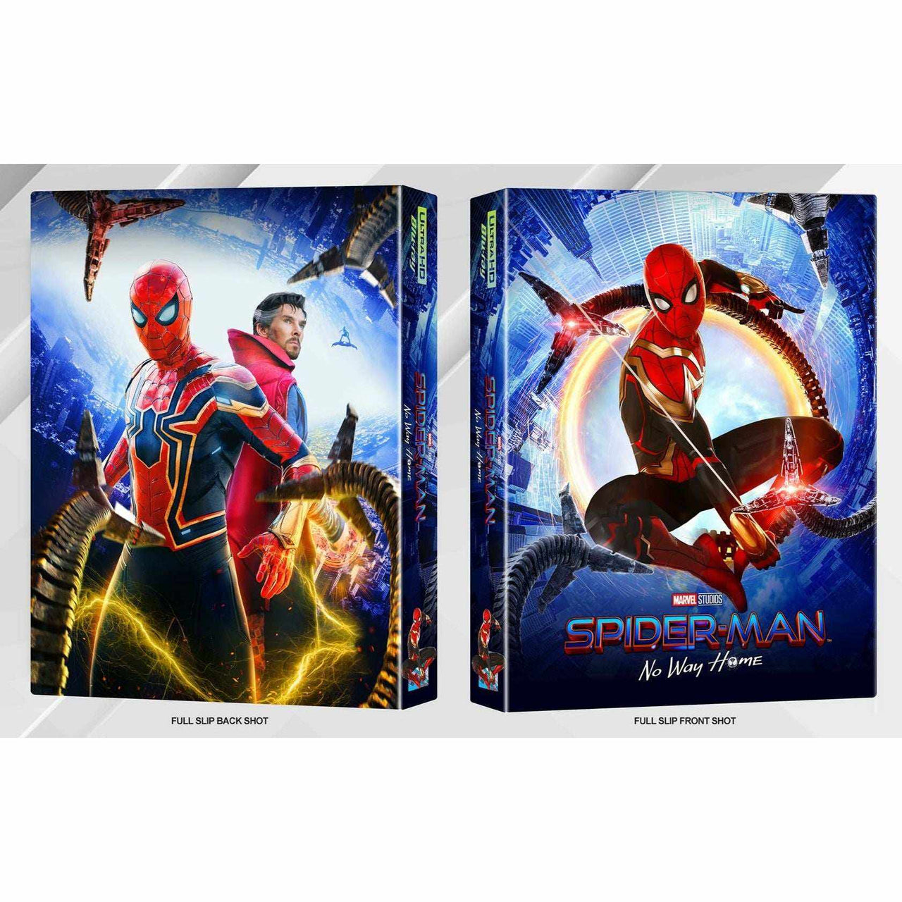 Spider-Man No Way Home 4K UHD and Blu-Ray steelbook limited edition full slip cover featuring Spider-Man and Doctor Strange with multiverse villains artwork