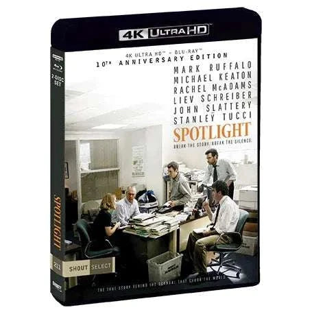 Spotlight 10th Anniversary Edition 4K UHD and Blu-Ray with limited edition slipcover showing newsroom team investigating story