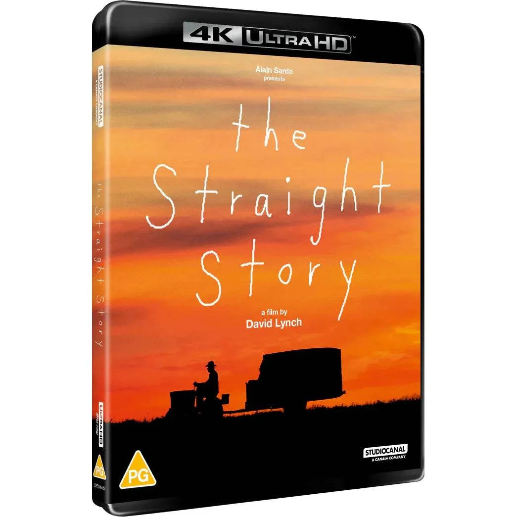 The Straight Story 4K Ultra HD movie cover with sunset background and silhouette of man on tractor