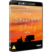 The Straight Story 4K Ultra HD movie cover with sunset background and silhouette of man on tractor