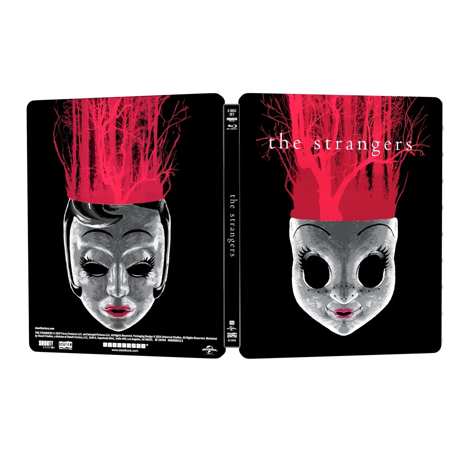 The Strangers 4K UHD Limited Edition Steelbook featuring eerie mask design and red accents.