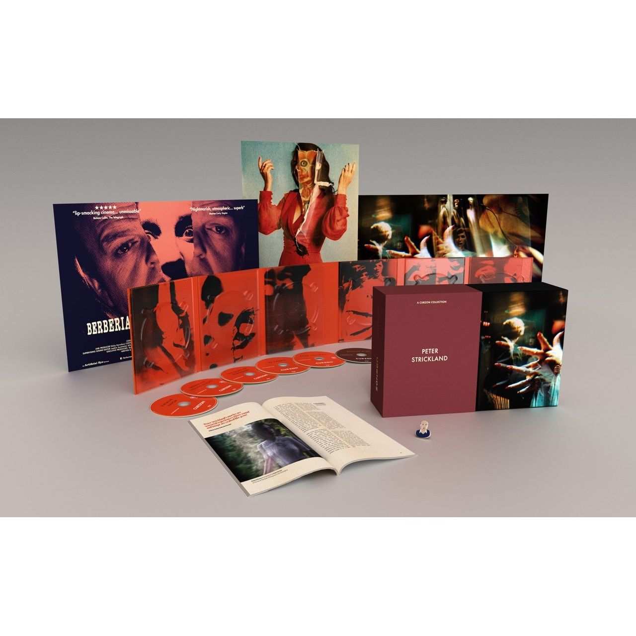 Peter Strickland 6-disc Blu-ray limited edition box set with films, shorts, booklet, posters, and enamel pin