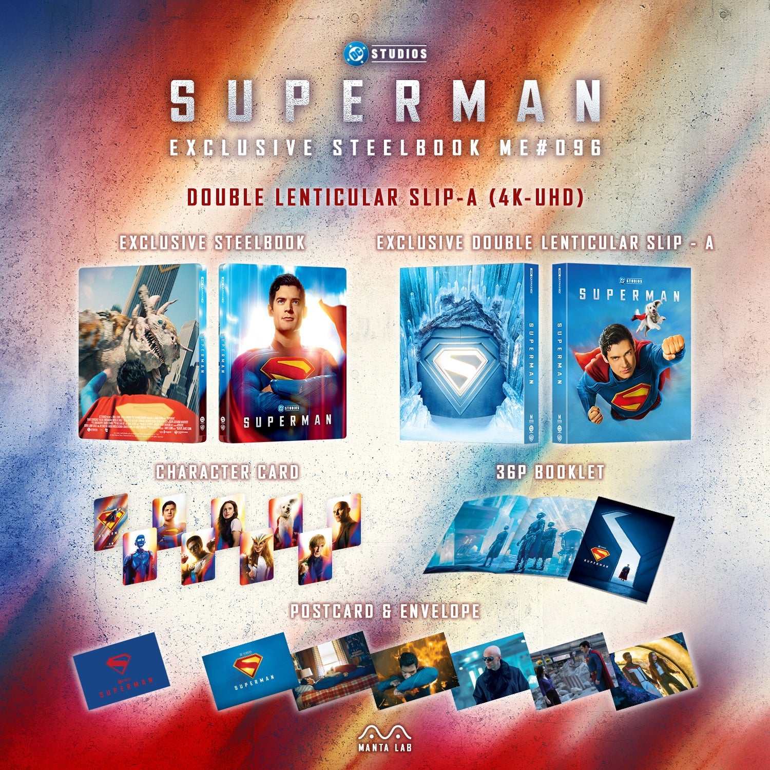 Superman (2025) limited edition double lenticular steelbook 4K UHD and Blu-Ray with booklet, postcards, and character cards by Manta Lab