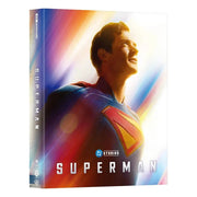 Superman 2025 double lenticular steelbook 4K UHD Blu-Ray cover with bright colorful background and Superman logo