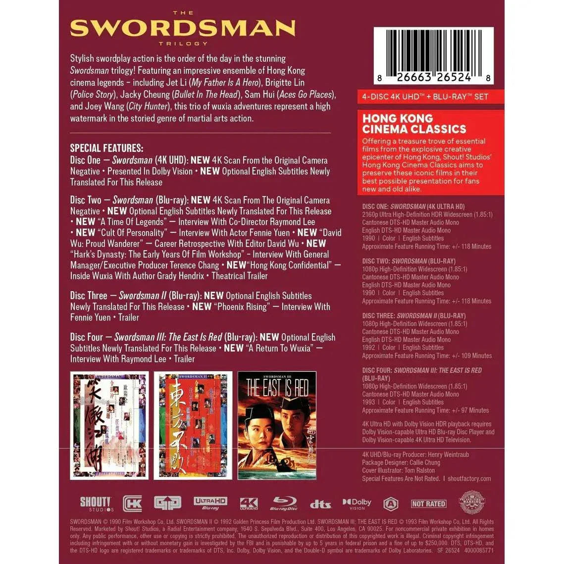 The Swordsman Trilogy 4K UHD and Blu-Ray set with slipcase featuring Hong Kong cinema classics including Swordsman I, II, and III with new 4K scans, English subtitles, interviews, and trailers.