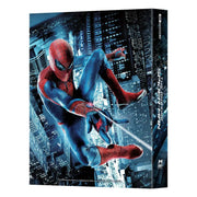 The Amazing Spider-Man double lenticular steelbook 4K UHD and Blu-Ray cover showing Spider-Man swinging in cityscape at night