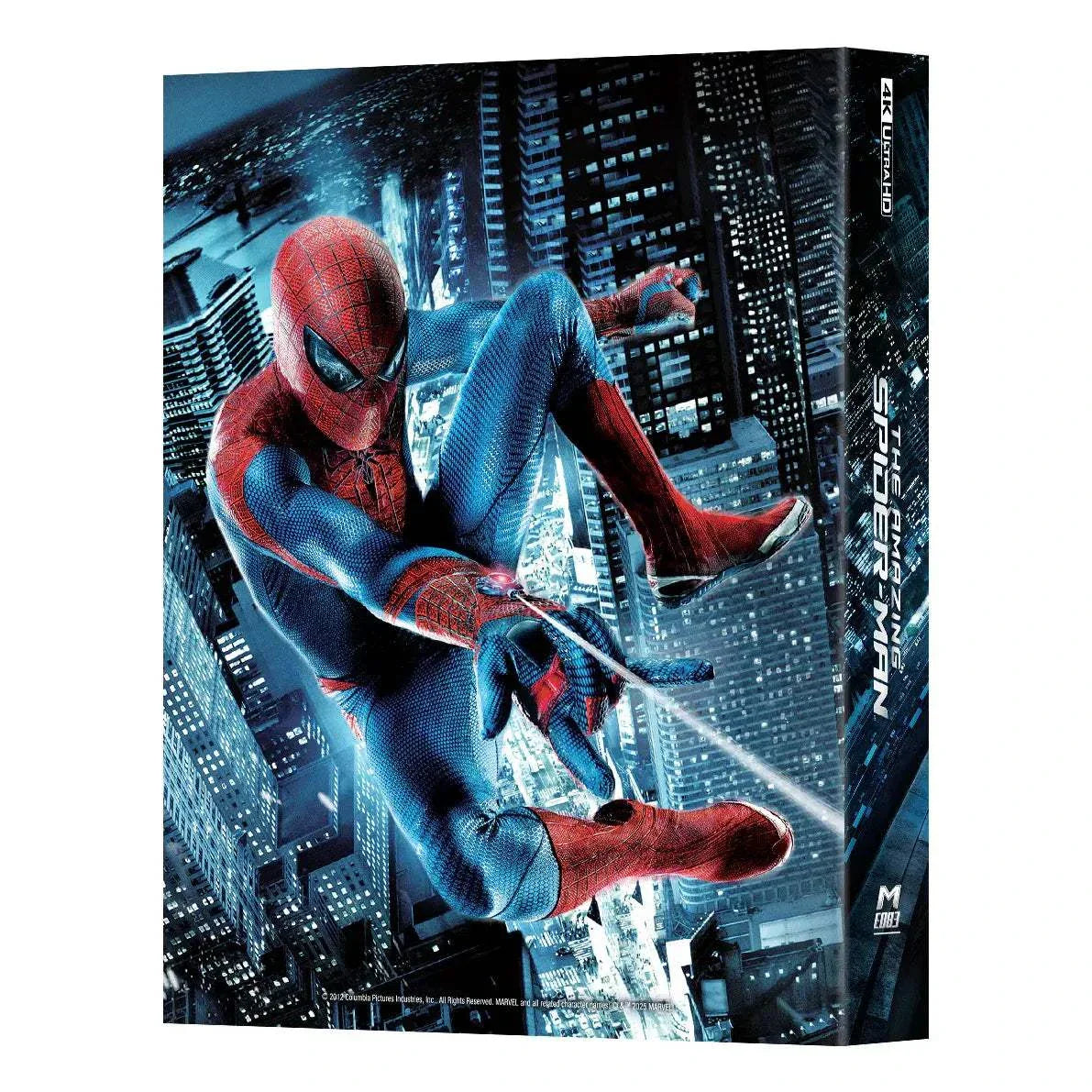 The Amazing Spider-Man Steelbook 4K UHD and Blu-Ray pre-order edition with Spider-Man swinging through cityscape design