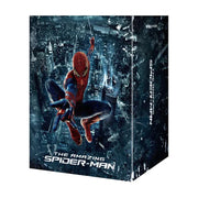 The Amazing Spider-Man Steelbook 4K UHD and Blu-Ray pre-order box featuring Spider-Man swinging over a cityscape with glossy artwork and debossed title