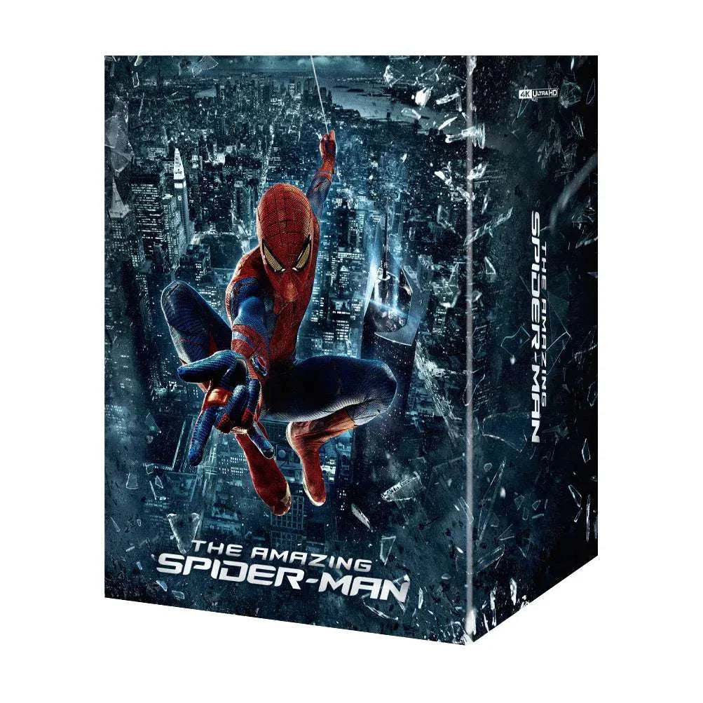 The Amazing Spider-Man Steelbook 4K UHD and Blu-Ray pre-order box featuring Spider-Man swinging over a cityscape with glossy artwork and debossed title