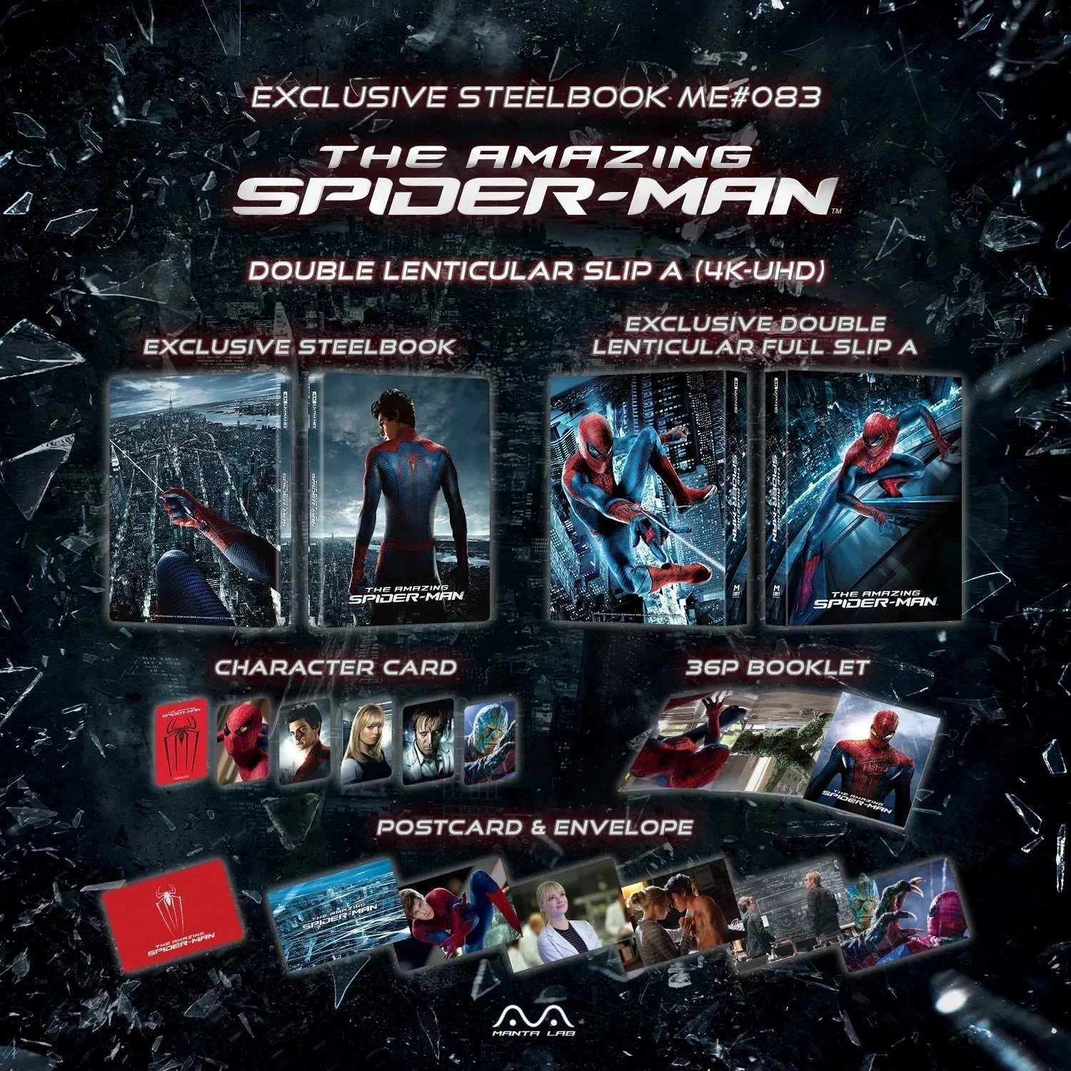 The Amazing Spider-Man Manta Lab ME #83 exclusive double lenticular steelbook 4K UHD and Blu-Ray with booklet, character cards, postcards, and envelope.