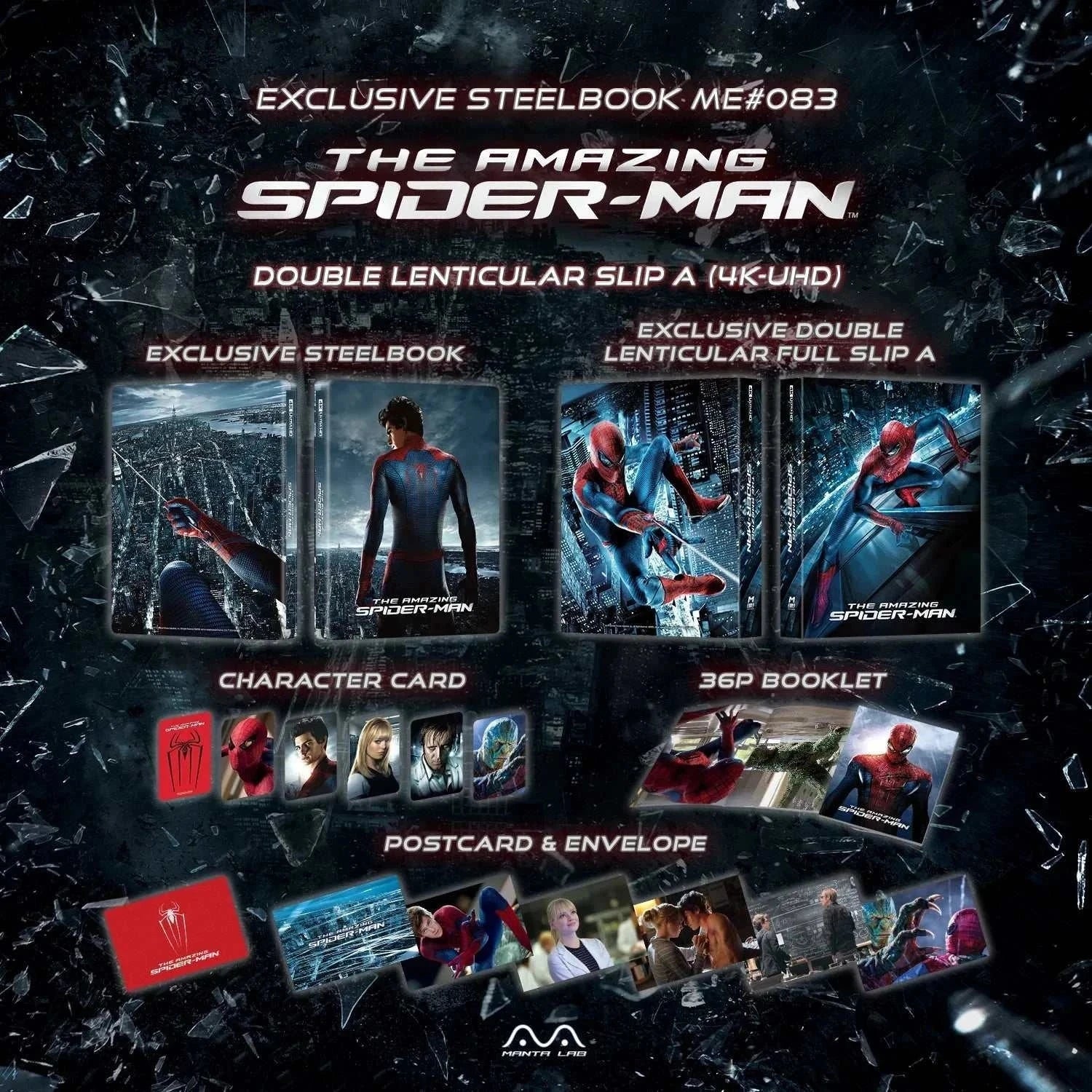 The Amazing Spider-Man exclusive steelbook 4K UHD and Blu-Ray edition with lenticular slip, character cards, booklet, postcards, and exclusive numbering sticker.
