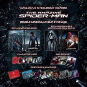The Amazing Spider-Man double lenticular steelbook 4K UHD and Blu-Ray collector's edition with booklet, character cards, postcards, and exclusive numbering sticker.