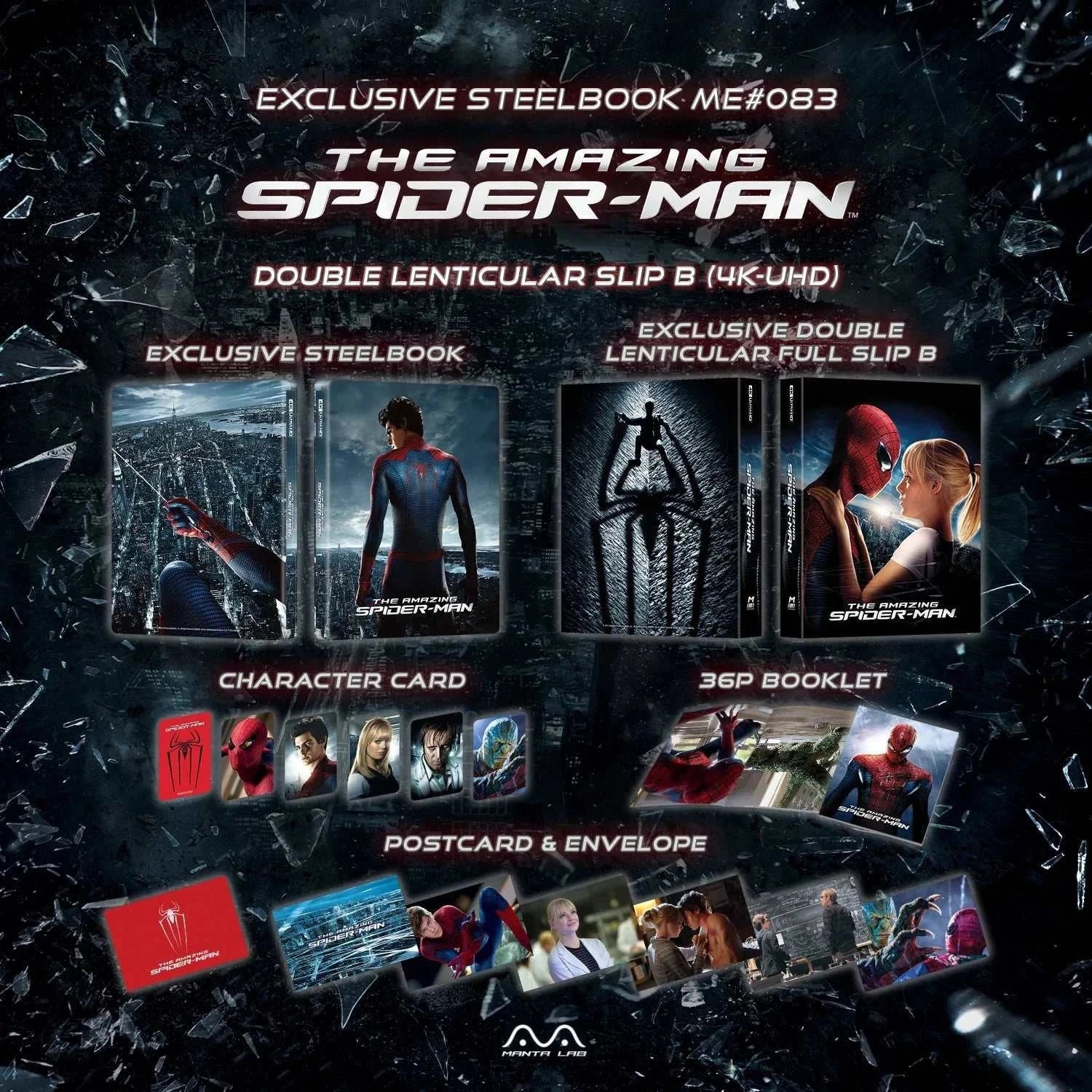 The Amazing Spider-Man double lenticular steelbook 4K UHD and Blu-Ray collector's edition with booklet, character cards, postcards, and exclusive numbering sticker.