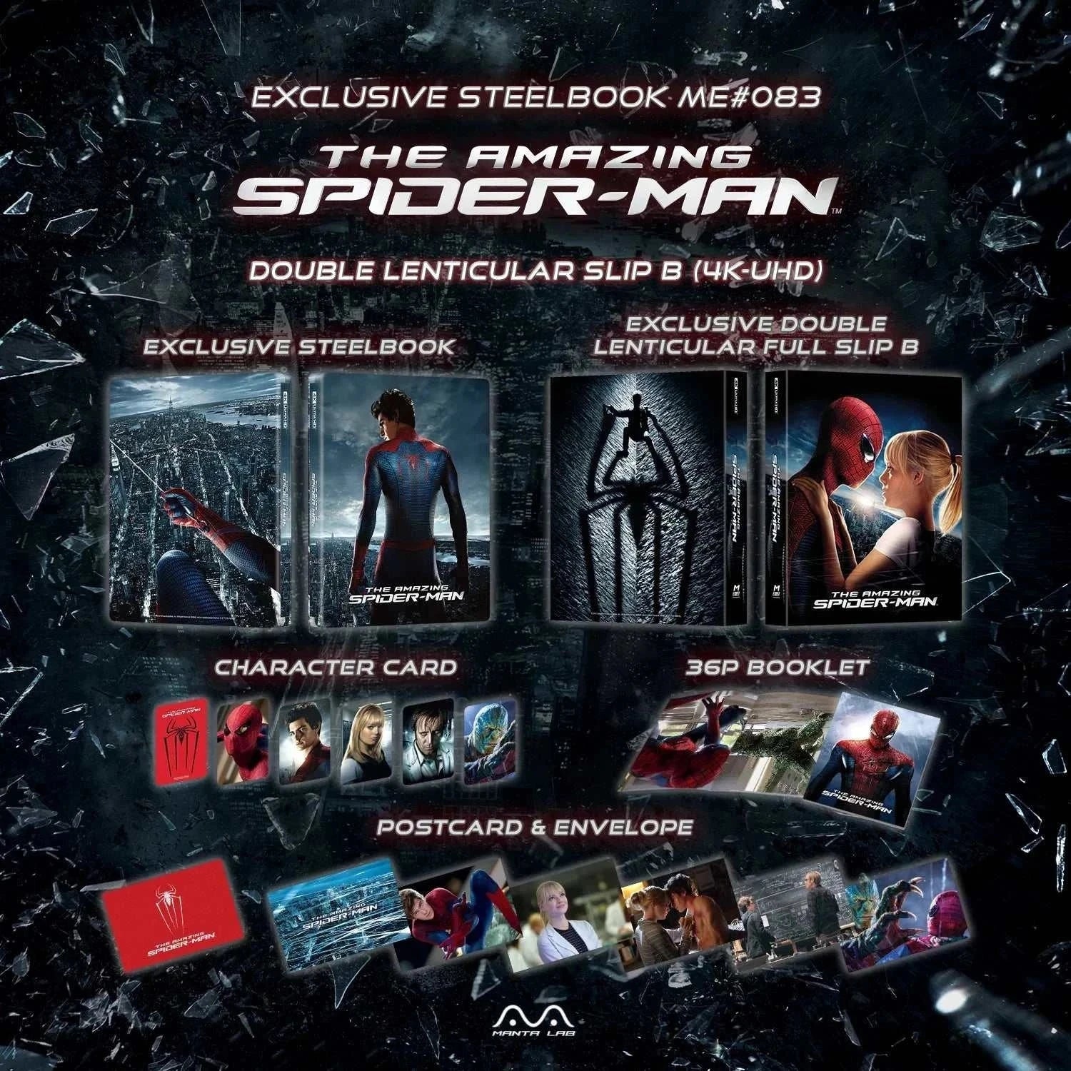 The Amazing Spider-Man Steelbook 4K UHD Blu-Ray limited edition pre-order set with exclusive lenticular slip cover, character cards, booklet, postcards, and premium packaging