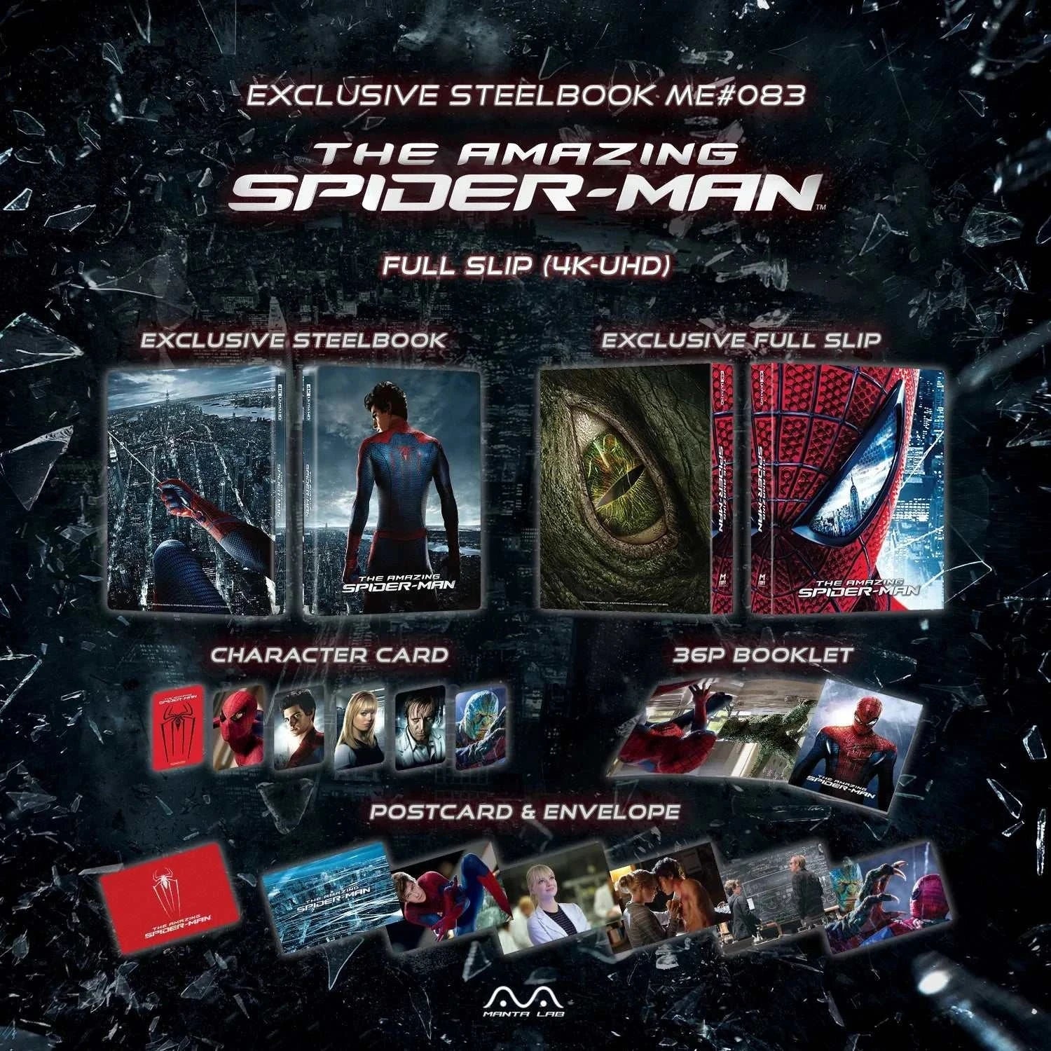 The Amazing Spider-Man exclusive steelbook 4K UHD and Blu-Ray set with booklet, postcards, character cards, and unique numbered packaging