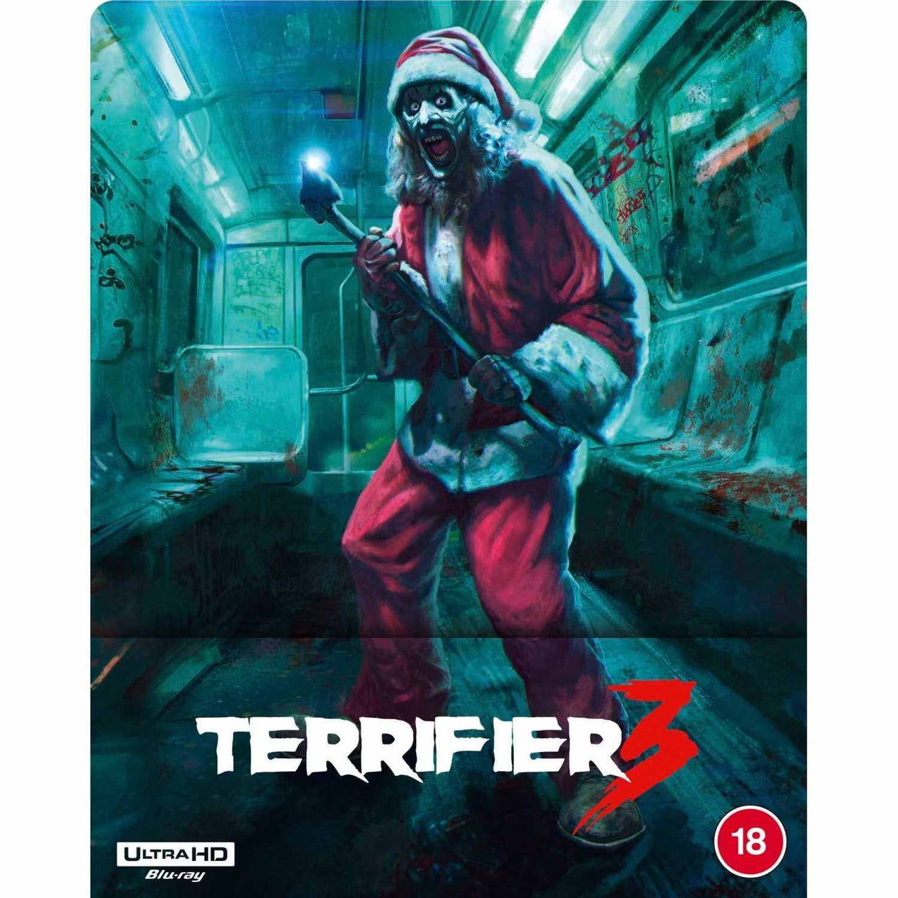 Terrifier 3 Limited Edition UK Steelbook 4K Ultra HD horror movie cover featuring Art the Clown in a Santa suit inside a blood-stained subway car.