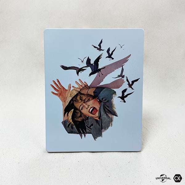 The Birds 4K UHD Blu-Ray limited edition steelbook with horror movie artwork and birds attacking woman