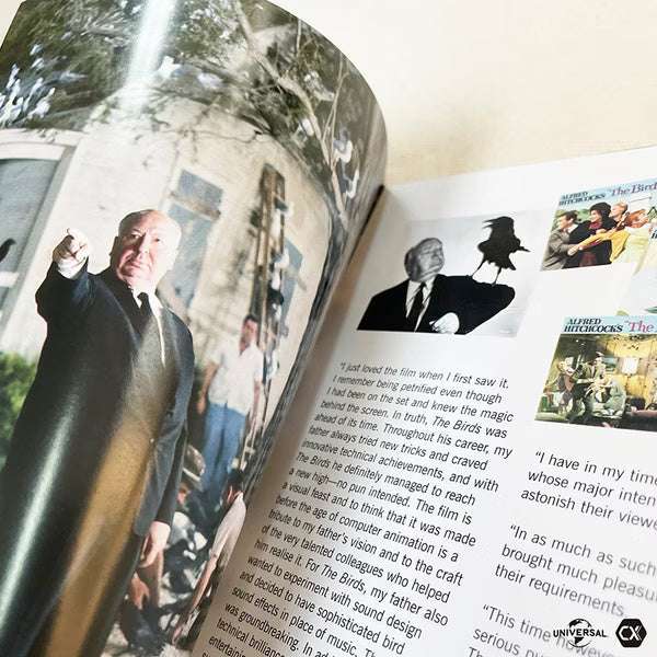 Open booklet from The Birds 4K UHD limited edition showing Alfred Hitchcock and exclusive film artwork