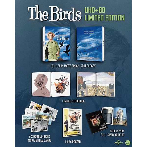 The Birds 4K UHD limited edition steelbook set with full slip, poster, movie stills cards, and exclusive booklet