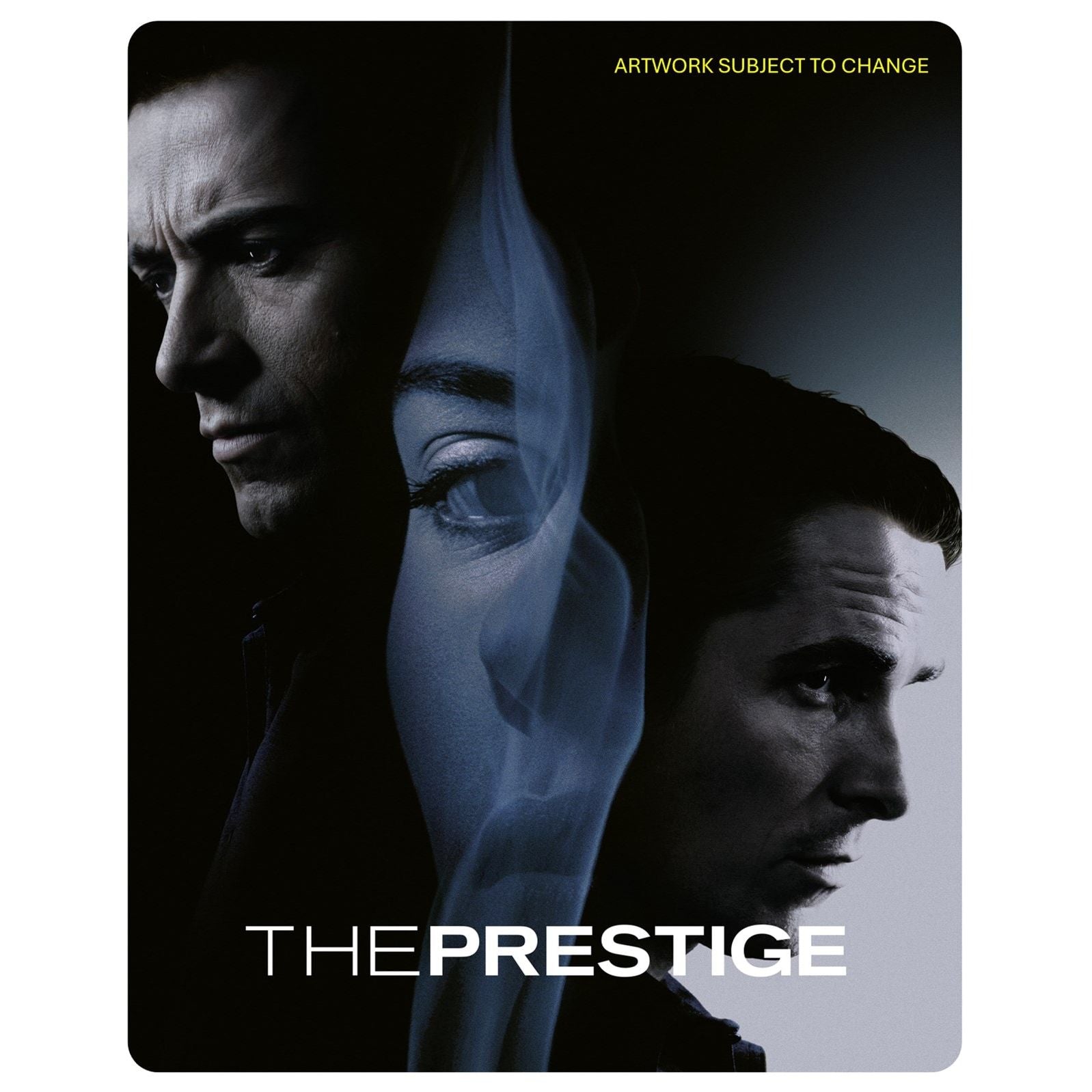 PRE-ORDER The Prestige limited edition steelbook 4K Ultra HD and Blu-Ray cover art with shadowed faces of two magicians in Victorian London