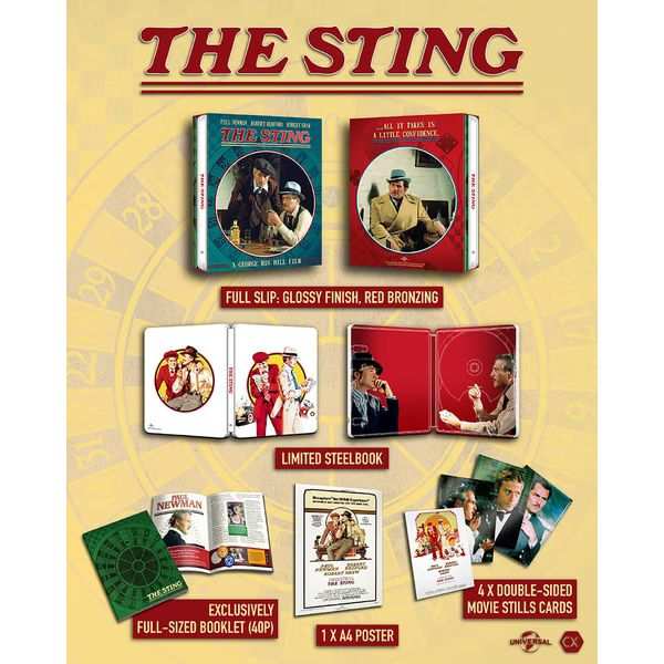 The Sting 4K UHD limited edition with glossy full slip, red bronzing, steelbook, booklet, poster, and movie still cards