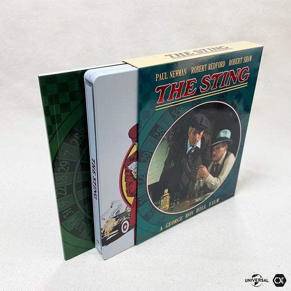 The Sting 4K UHD limited edition steelbook with full slip, booklet, poster, and double-sided movie stills cards in protective packaging
