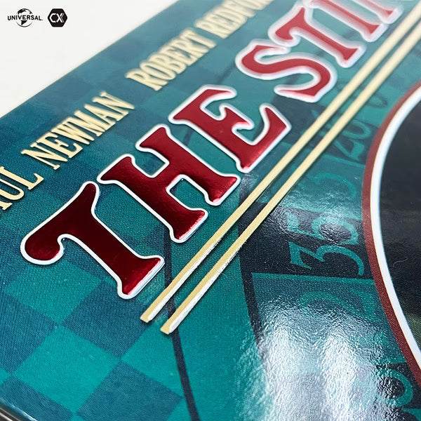 The Sting 4K UHD Blu-Ray limited edition full slip steelbook with glossy finish and red bronzing close-up cover detail