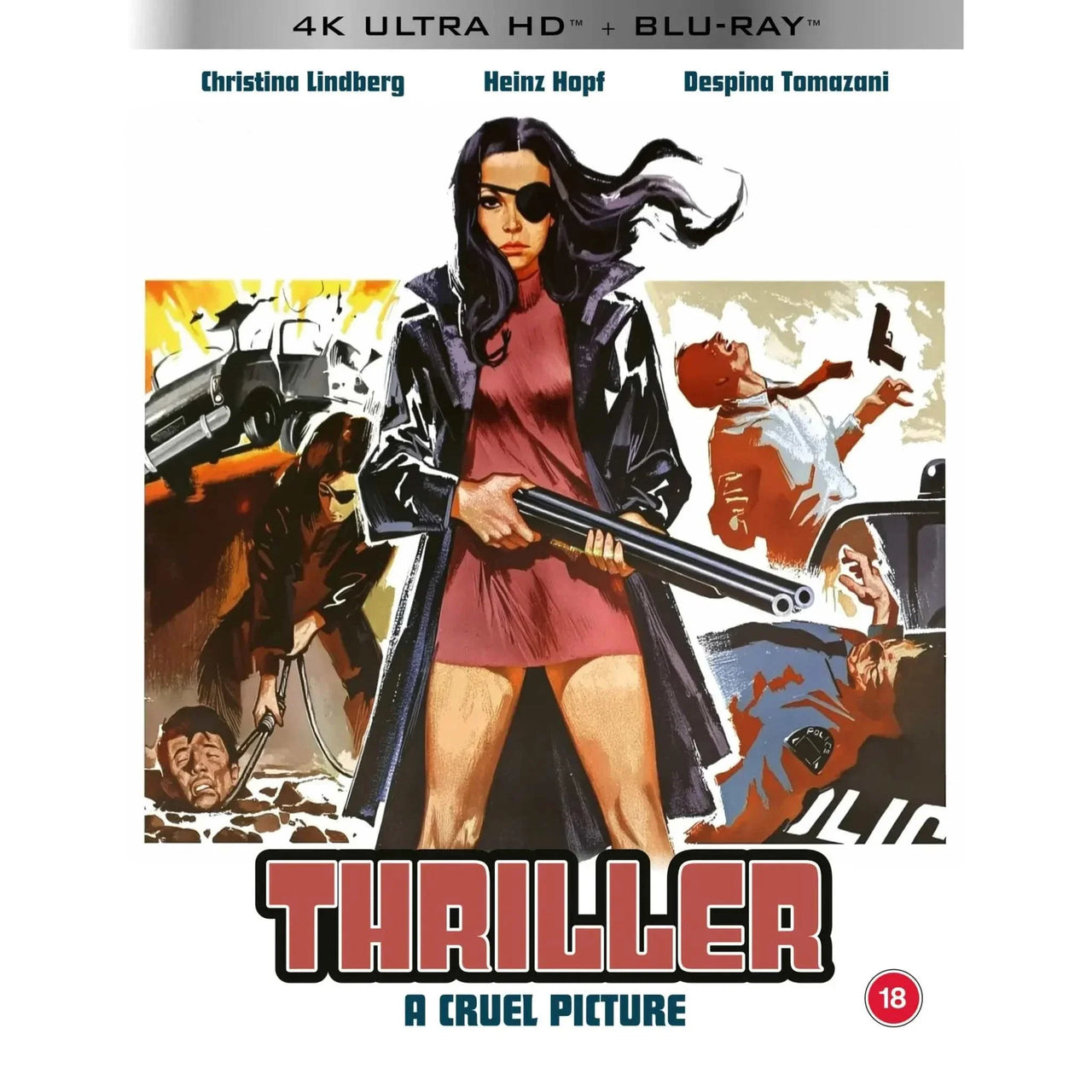 Limited Edition 4K Ultra HD Blu-Ray cover of Thriller A Cruel Picture with illustrated woman holding a shotgun and dramatic action scenes background