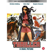 Limited Edition 4K Ultra HD Blu-Ray cover of Thriller A Cruel Picture with illustrated woman holding a shotgun and dramatic action scenes background