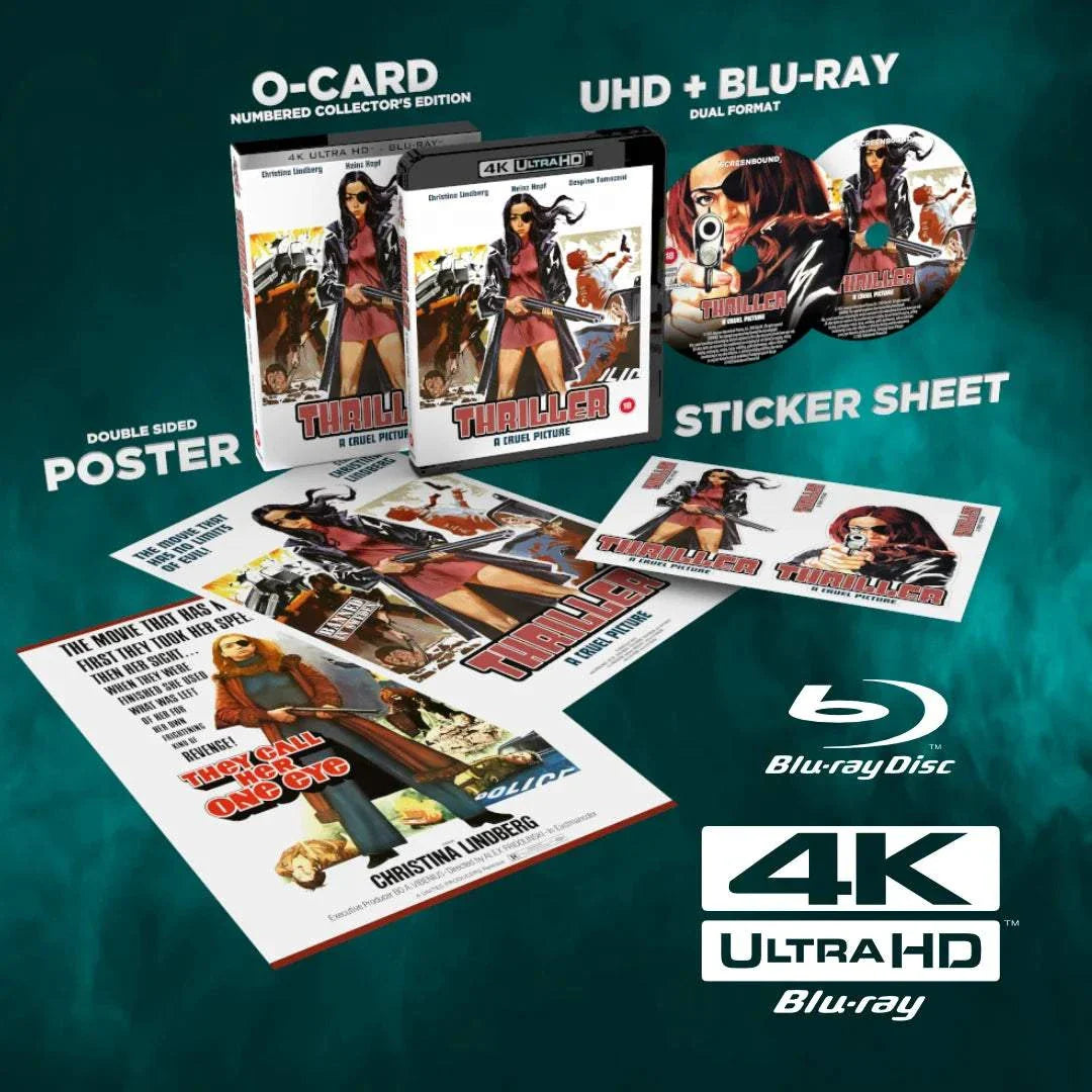 Limited Edition 4K Ultra HD and Blu-Ray set of Thriller - A Cruel Picture with slipcover, double-sided poster, sticker sheet, and extras