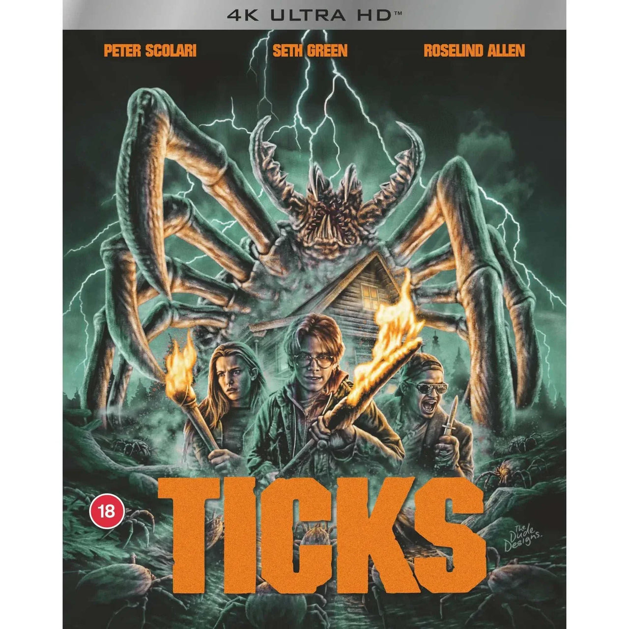 Ticks Limited Edition 4K Ultra HD movie cover featuring giant mutated tick and campers with torches in stormy woods