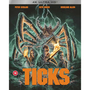 Ticks Limited Edition 4K Ultra HD movie cover featuring giant mutated tick and campers with torches in stormy woods