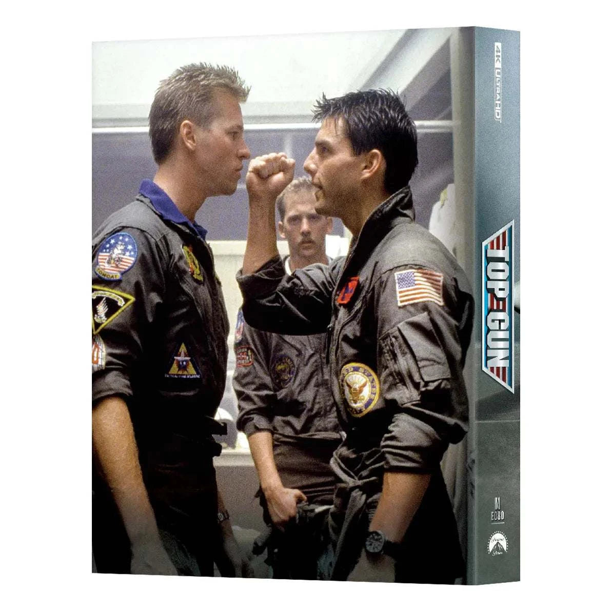 Top Gun 4K UHD and Blu-Ray Steelbook featuring Maverick and Iceman face-off scene with military pilot uniforms and patches.