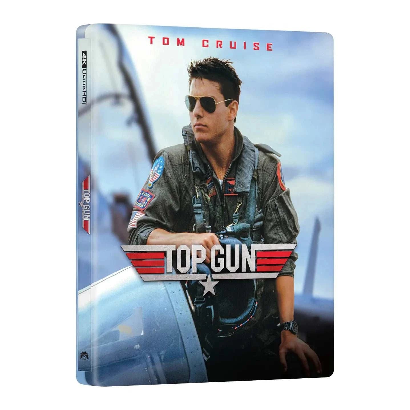 Top Gun 4K UHD and Blu-Ray steelbook featuring Tom Cruise as Maverick in pilot gear with reflective sunglasses.