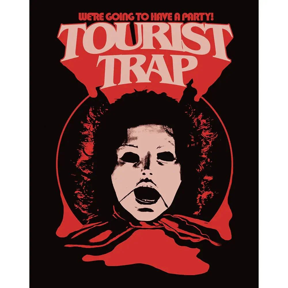 Tourist Trap 1979 horror movie Blu-ray limited edition slipcover cover with eerie mask face and bold red title text