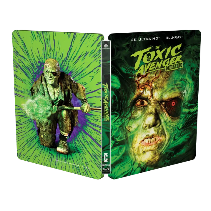 The Toxic Avenger 2025 4K UHD Blu-Ray Steelbook with slipcover showing mutated superhero character and toxic green design
