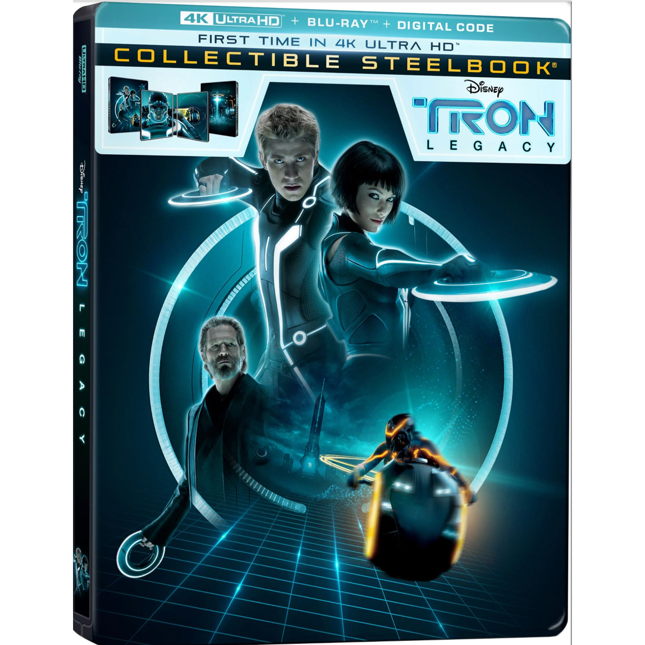 Tron Legacy 4K UHD collectible steelbook with Blu-Ray and digital code featuring high dynamic range and Dolby Atmos audio.