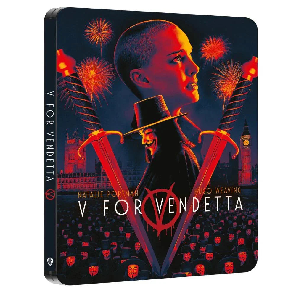 V For Vendetta 4K Ultra HD Blu-Ray Limited Edition Steelbook, UK release, features vibrant cover art with Natalie Portman, pre-order available.
