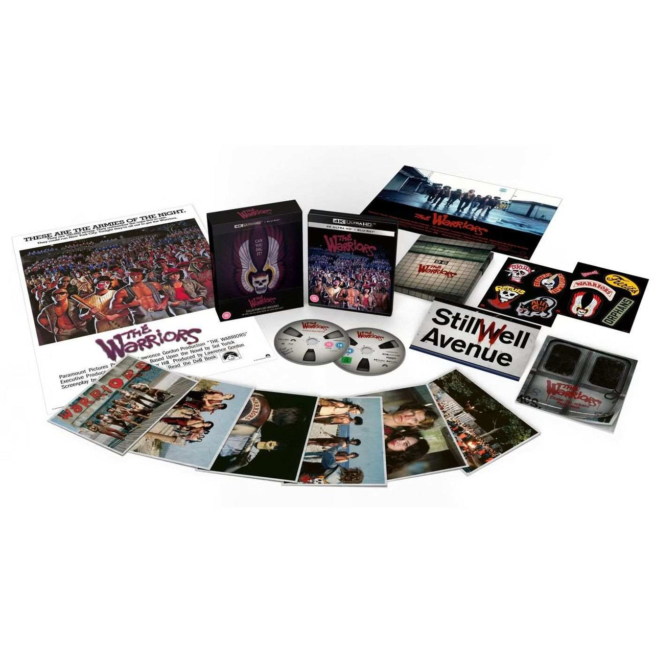 The Warriors 1979 limited collector's edition 4K Ultra HD and Blu-Ray set with rigid slipcase, art cards, posters, stickers, photo book, and special features
