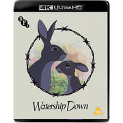 Watership Down 4K UHD Blu-ray cover featuring two rabbits inside a barbed wire circle with a countryside background and BFI logo
