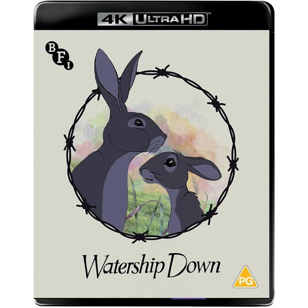 Watership Down 4K UHD Blu-ray cover featuring two rabbits inside a barbed wire circle with a countryside background and BFI logo