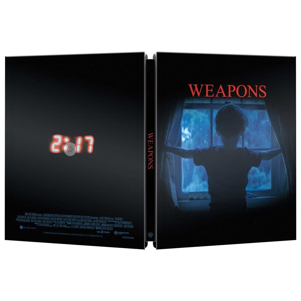 Weapons Limited Edition UK Steelbook 4K Ultra HD pre-order with dark suspenseful cover showing a child looking out a window at night