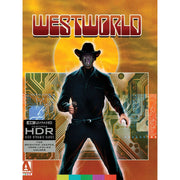 Westworld Limited Edition 4K UHD slipcase featuring iconic Gunslinger android with circuit board background and HDR logo