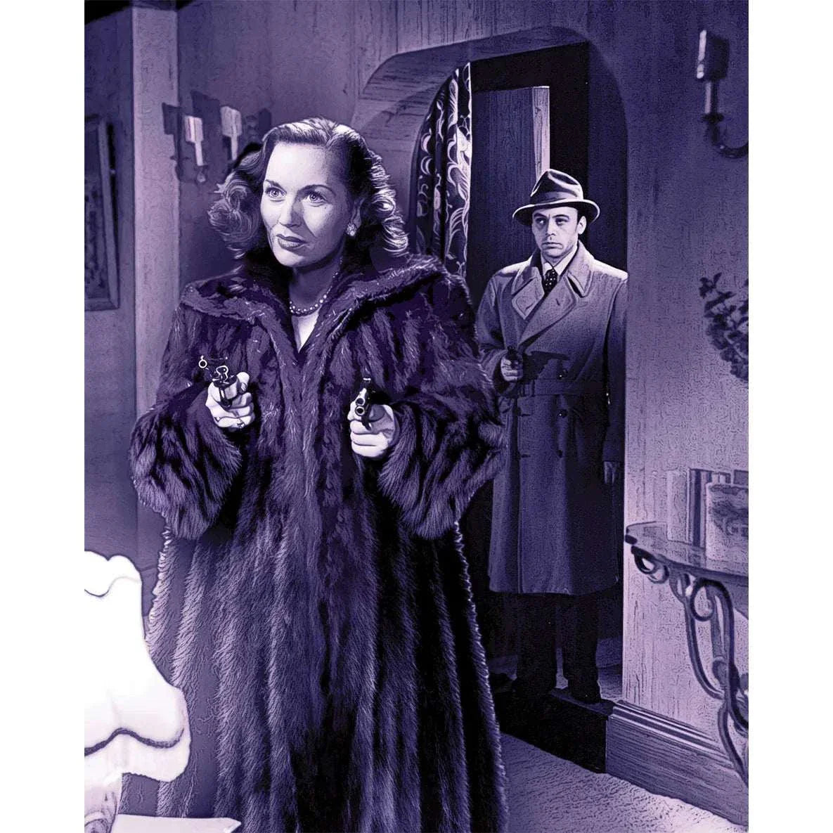 Whispering Smith Hits London black and white film noir scene with woman holding pistols and man in trench coat and hat in doorway