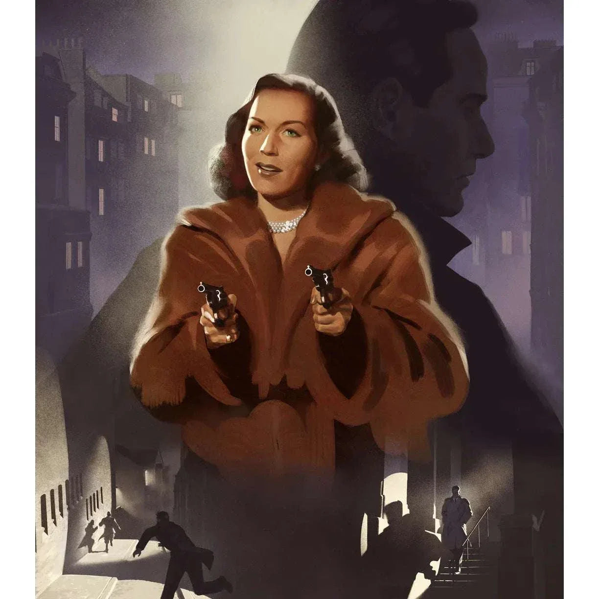 Whispering Smith Hits London 4K Ultra HD Blu-Ray limited collectors edition cover with noir style woman holding guns and shadowy man background
