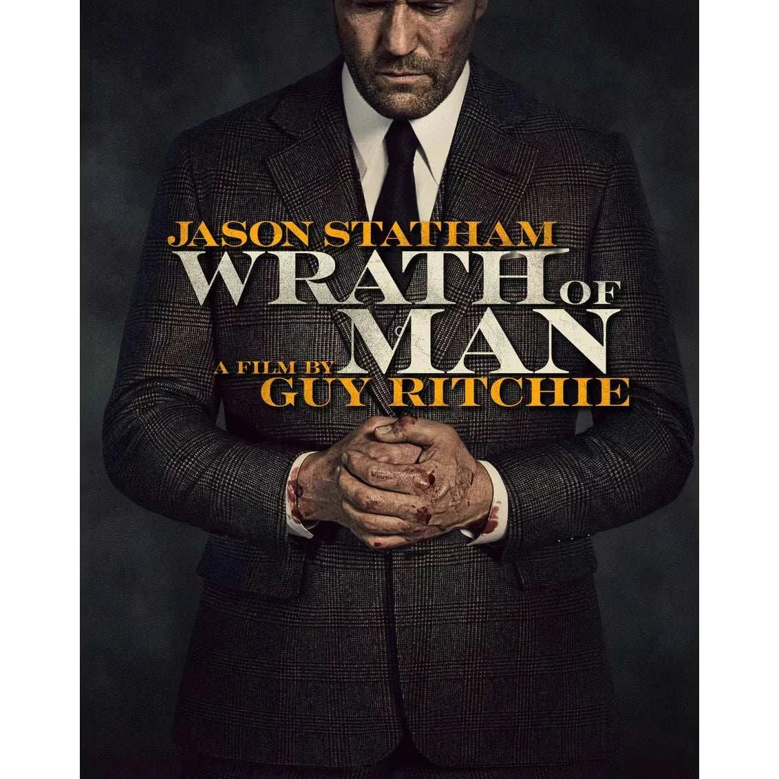 Wrath of Man limited edition steelbook 4K UHD Blu-ray featuring Jason Statham in dark suit with bloodied hands