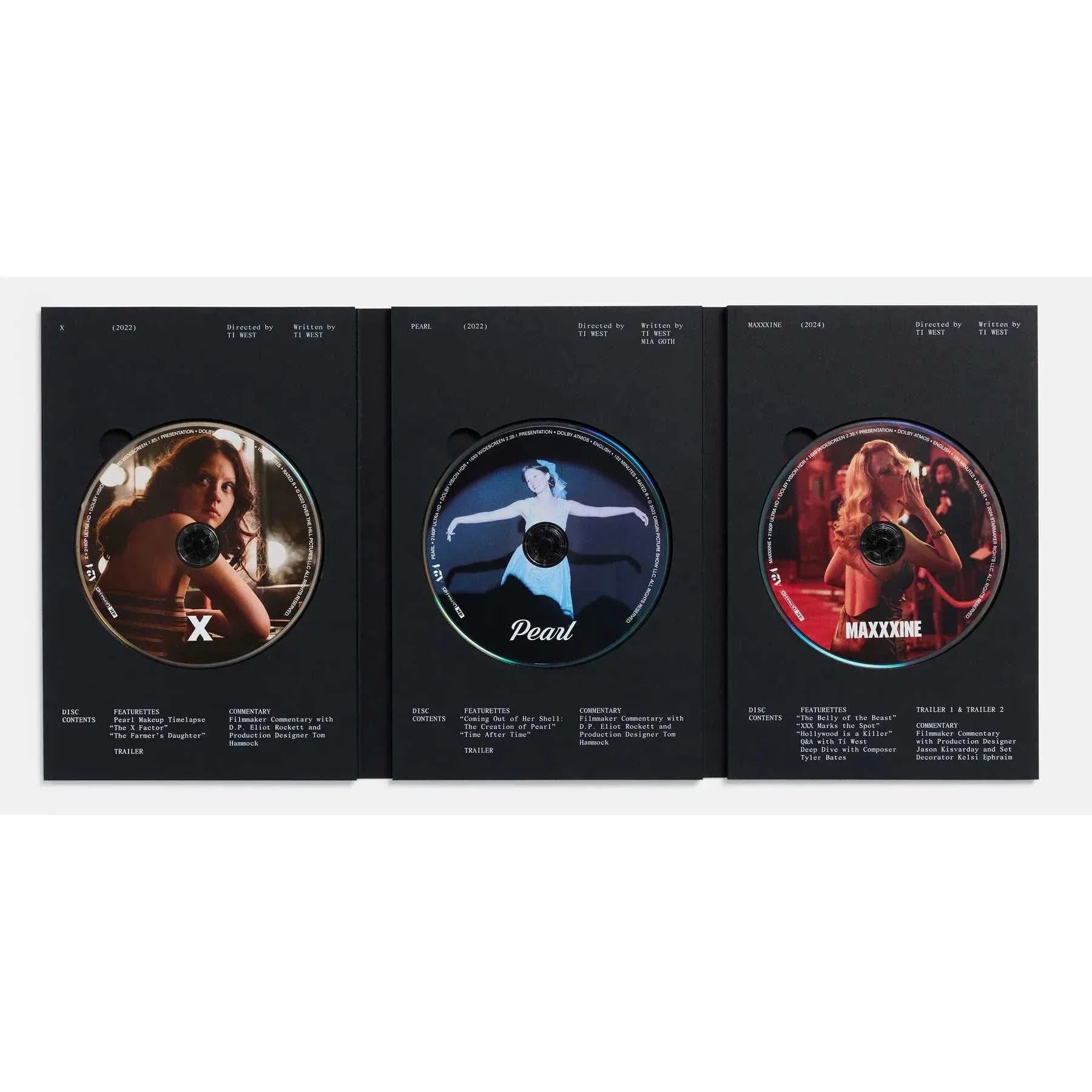 X Trilogy Box Set Blu-Ray collector's edition with three discs featuring X, Pearl, and MaXXXine movies