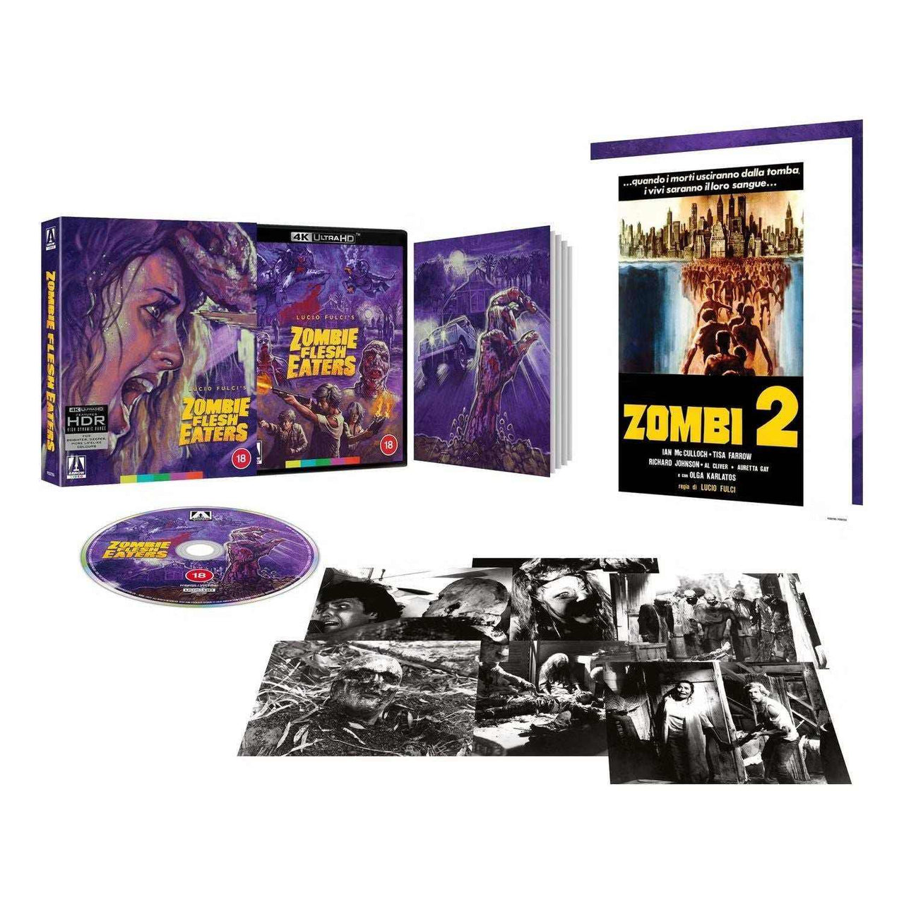 Zombie Flesh Eaters limited edition 4K Ultra HD Blu-ray with slipcase, booklet, poster, and collector's postcards featuring horror movie artwork and extras